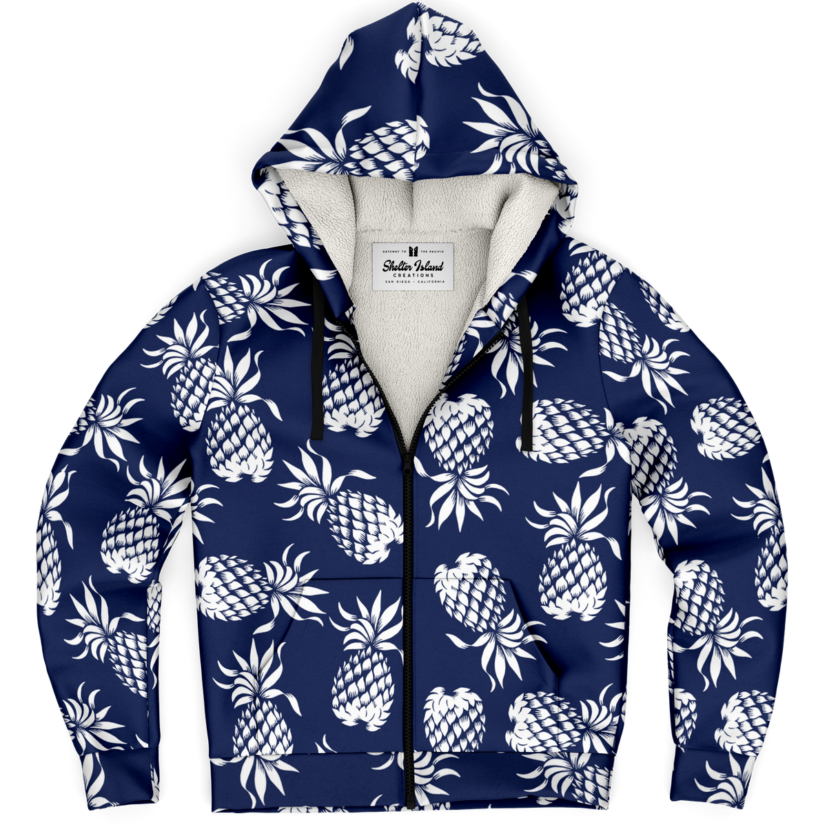The Aloha Sherpa-Lined Hoodie – Pineapples of Eternity: Navy+White