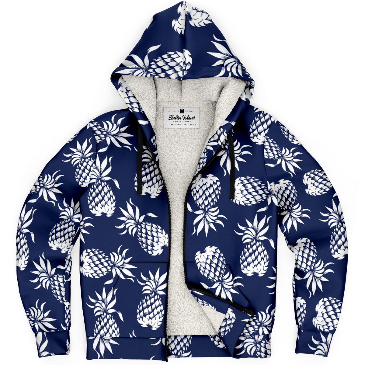 The Aloha Sherpa-Lined Hoodie – Pineapples of Eternity: Navy+White