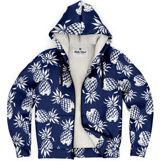 The Aloha Sherpa-Lined Hoodie – Classic Collection - Pineapples of Eternity – Navy+White