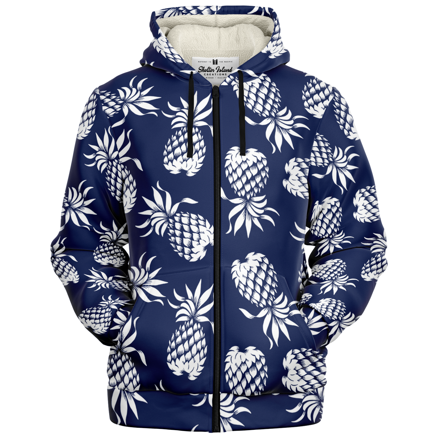 The Aloha Sherpa-Lined Hoodie – Pineapples of Eternity: Navy+White