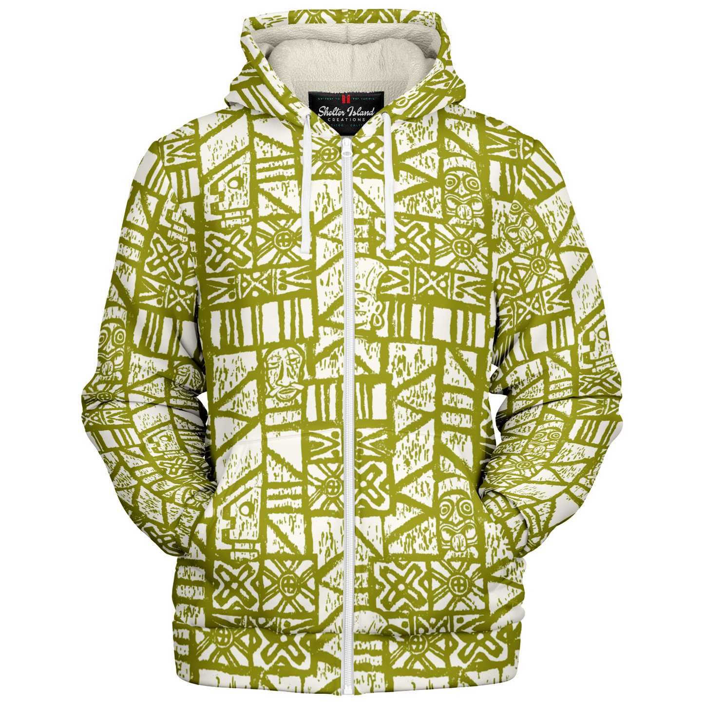 The Aloha Sherpa-Lined Hoodie – Shelter Island Tapa: White+Olive