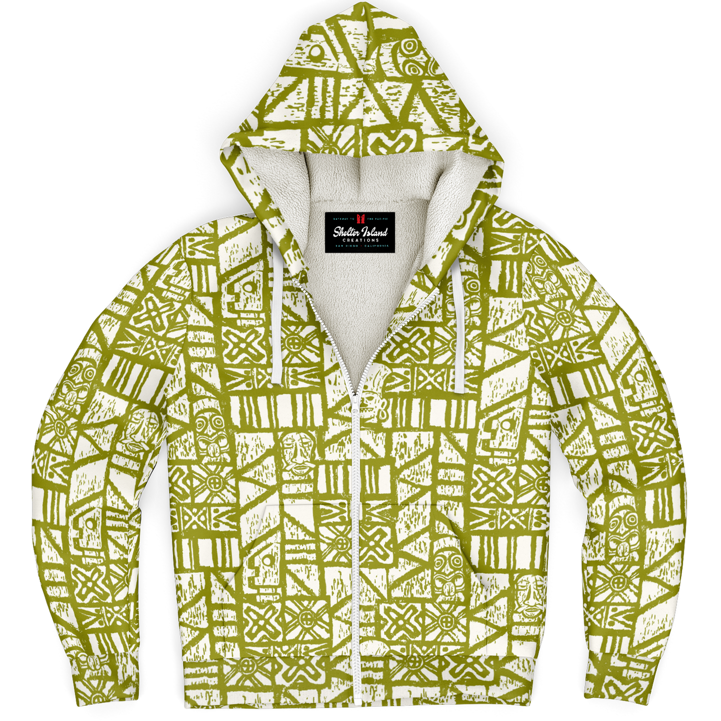 The Aloha Sherpa-Lined Hoodie – Shelter Island Tapa: White+Olive